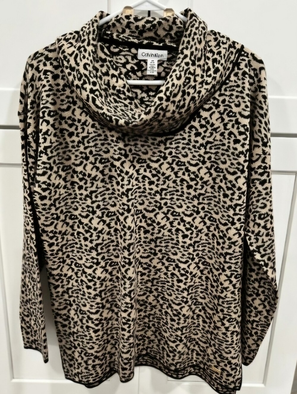 Calvin Klein Women's Cowl Neck Leopard Sweater - Black and Cream